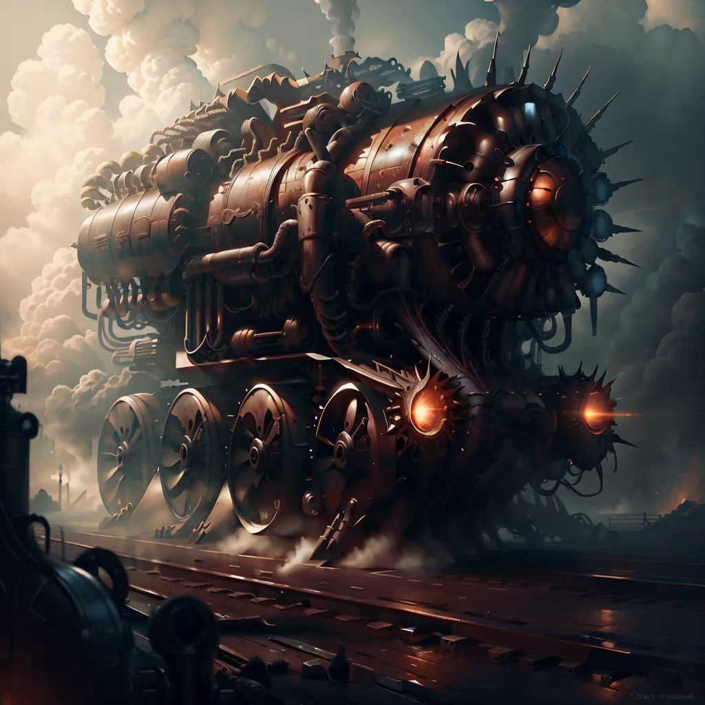 A imagem é um trem steampunk. É uma máquina grande e poderosa, com muitas engrenagens, pistões e outras peças mecânicas. O trem é feito de metal e tem uma cor escura e enferrujada. Também está coberto de espinhos e outros objetos afiados. O trem está se movendo ao longo de uma pista e há nuvens de fumaça saindo de sua chaminé. O trem também está cercado por muito vapor. Há um grande olho brilhante na frente do trem.