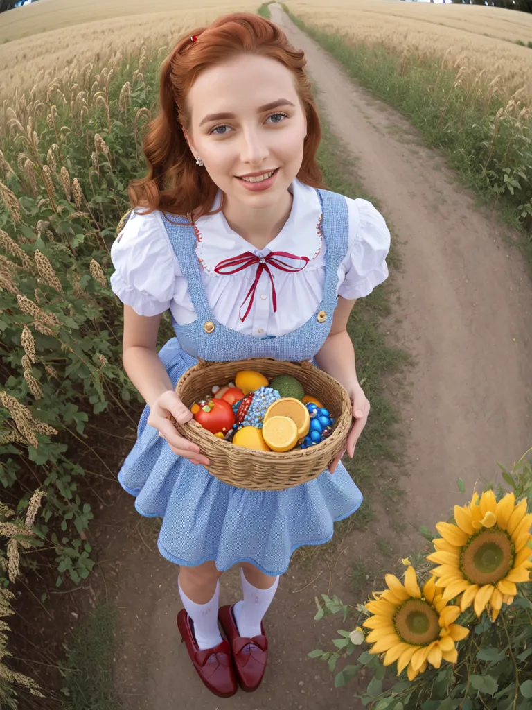 The image shows a young woman wearing a blue and white gingham dress with a white blouse and red shoes. She has long red hair and is carrying a basket full of fruits and vegetables. She is standing in a field of wheat, and there is a sunflower next to her. In the distance, there is a forest. The image has a warm and inviting atmosphere.