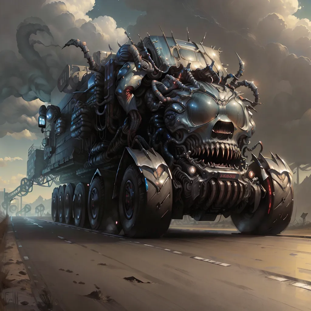 The image shows a post-apocalyptic vehicle. It is a large, rusty, and heavily armored truck. The truck has a skull-like front with sharp teeth and a large mouth. It also has several large wheels and a number of pipes and wires sticking out of it. The truck is driving down a road in a desert landscape. The sky is dark and cloudy.