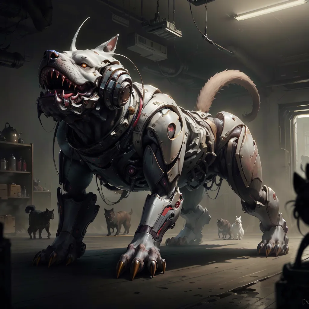 The image is a digital painting of a large, white, robotic dog. The dog is standing on all fours, with its head turned slightly to the right. It has a large, metal jaw with sharp teeth, and its eyes are glowing red. The dog's body is covered in metal plates, and it has a number of wires and cables attached to it. There are several smaller dogs in the background of the image.