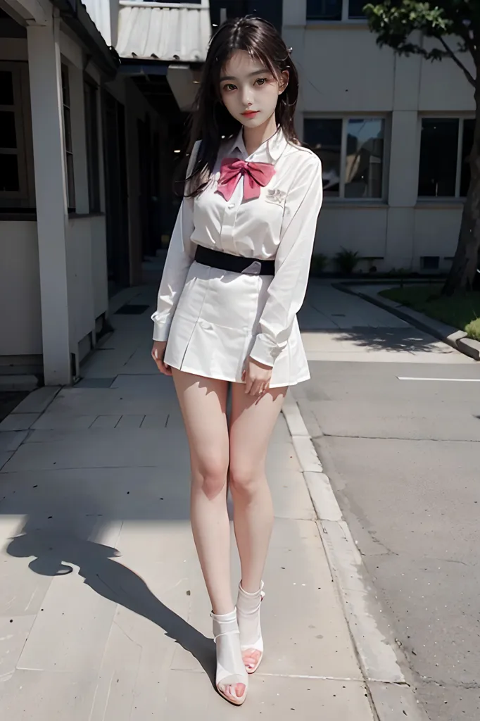 The image shows a young woman wearing a white blouse, a black belt, a white pleated skirt, and white socks with pink-bottom shoes. She has long dark hair and a pink bow in her hair. She is standing on a sidewalk in front of a