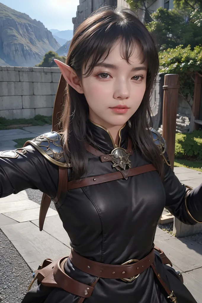 The image shows a young woman with long dark hair, pointed ears, and brown eyes. She is wearing a black leather outfit with silver and brown accents. She is standing in a stone courtyard, with a large tree and a mountain range in the background.