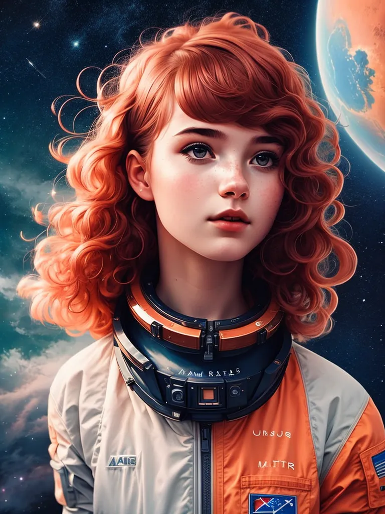 This is an image of a young girl in a spacesuit with her helmet unsealed. She has long red curly hair and light blue eyes. She is looking to the right of the frame. There is a planet with a red atmosphere in the background on the right side of the image. There are also stars and clouds in the background.