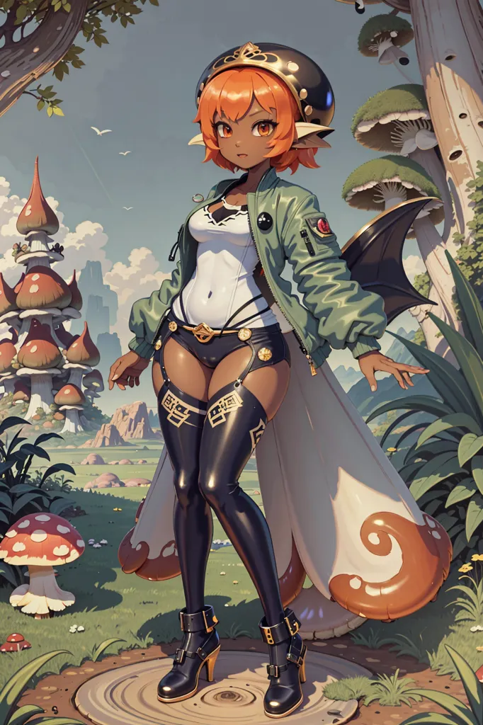 This image is of a brown skin elf girl with orange hair. She is wearing a white crop top, a green jacket, and black pants. She also has brown boots and a brown hat. She is standing in a forest with a bunch of mushrooms around her. There are also some mountains in the background.