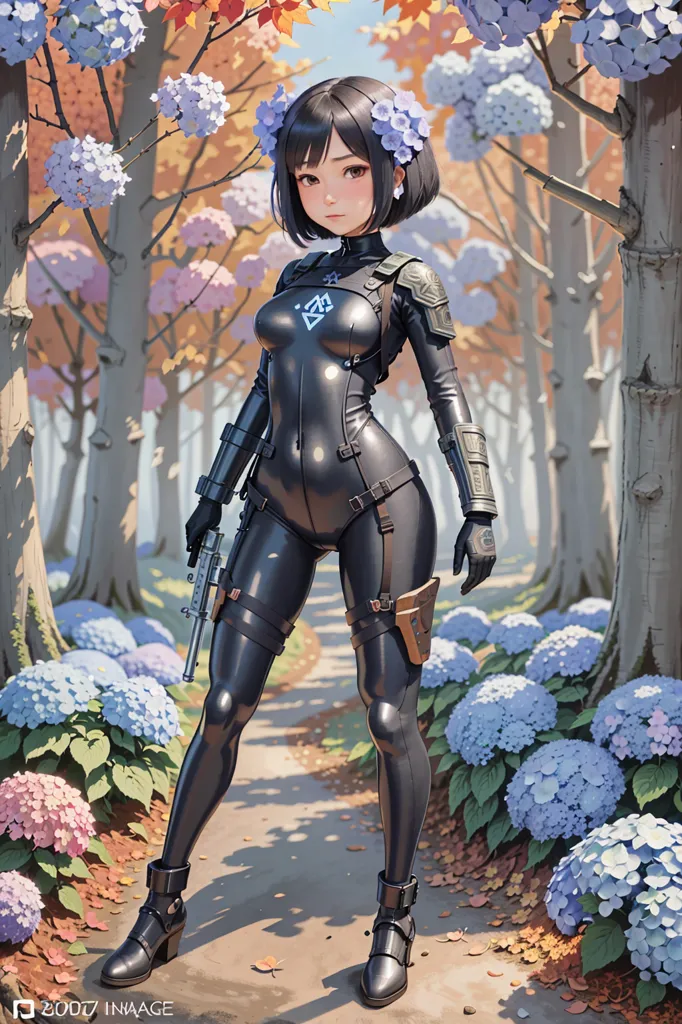 The image is a digital painting of a young woman in a black bodysuit. She is standing in a forest, and there are blue and purple flowers in the foreground. The woman has short black hair and brown eyes. She is wearing a black bodysuit with a blue and white symbol on the chest. She is also wearing a black belt with a holster on the right side. The woman is holding a gun in her right hand. She is looking at the viewer with a serious expression.