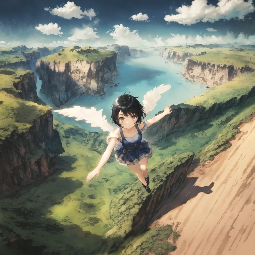 The image is of an anime-style girl with short black hair and blue eyes. She is wearing a white and blue dress and has white wings. She is flying in a canyon with green cliffs and a blue river below. The sky is blue and cloudy.