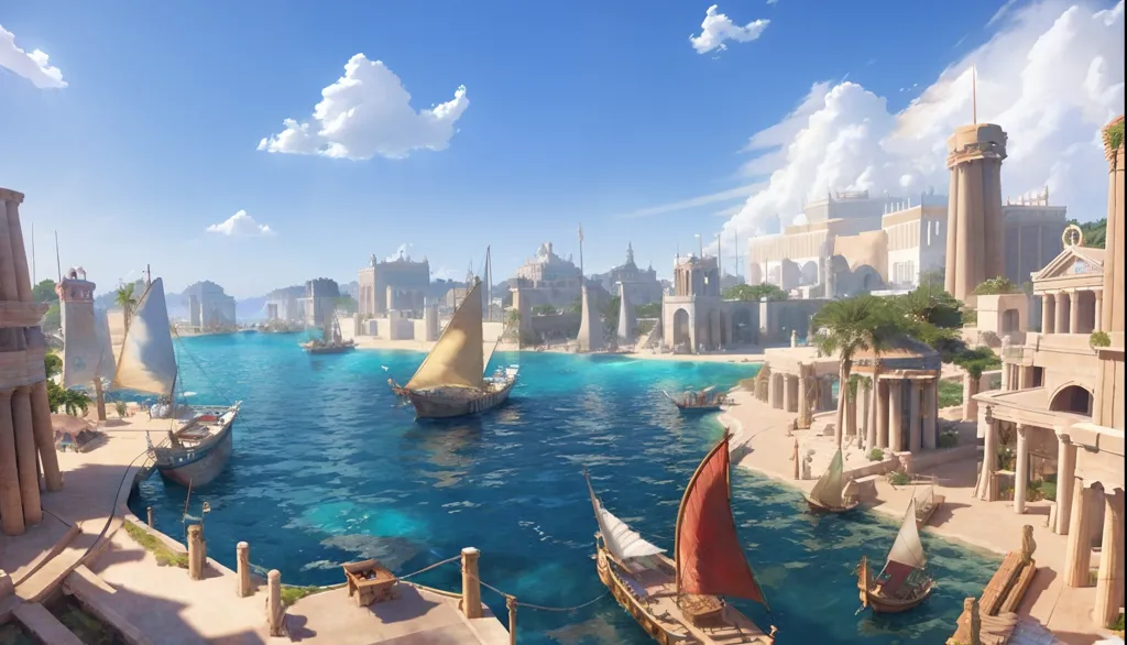 The image shows a large ancient city built on the coast. The city is surrounded by a wall and has a large harbor. There are many ships in the harbor, and the city is bustling with activity. The sky is blue and there are some clouds in the sky. The water in the harbor is a deep blue and green color. The city is made up of many different buildings, including houses, temples, and palaces. There are also many people in the city, including men, women, and children. The people are all wearing different types of clothing. The city is very large and there are many different things to see and do.