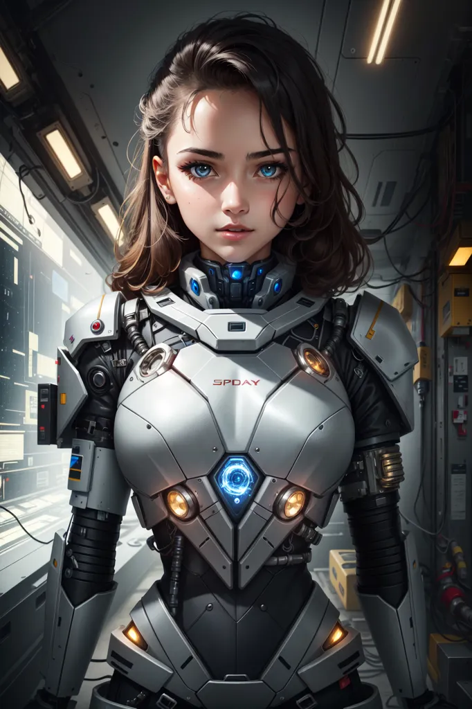 This is an image of a young woman standing in a futuristic setting. She is wearing a white and gray bodysuit with a blue light in the center of her chest. The suit has various technological gadgets and wires attached to it. She has brown hair and blue eyes and looks to be in her early twenties. She is standing in a room with a large window behind her. The room is dimly lit, but the light from the window is shining on her. She is looking at the viewer with a serious expression.