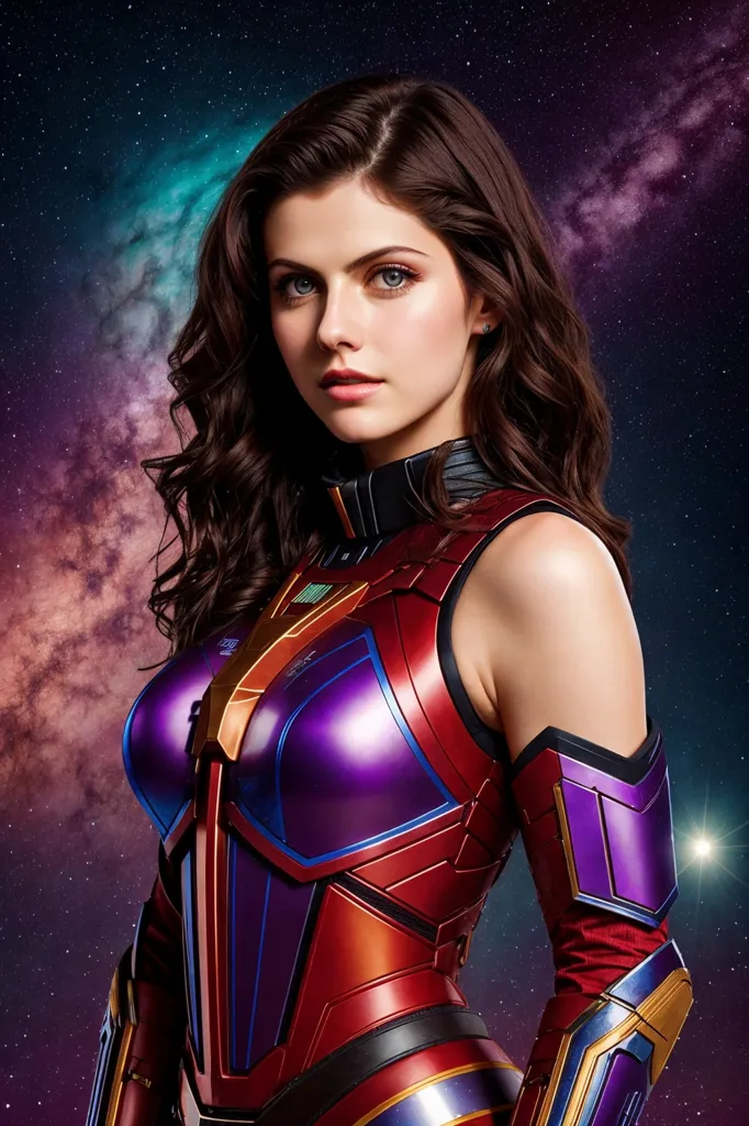 The image shows a young woman with long brown hair and blue eyes. She is wearing a purple and red bodysuit with a high collar. The bodysuit has a metallic sheen and there is a star on her chest. She is also wearing a belt with a large buckle. The woman is standing in front of a starry background with a bright light in the top right corner.