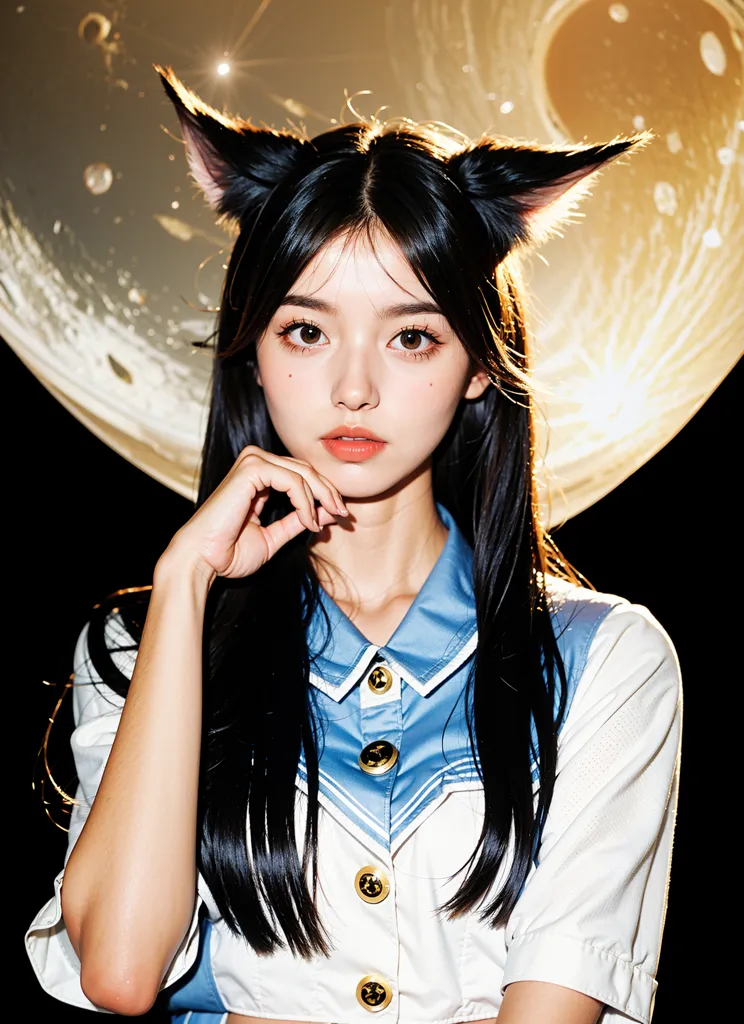 The image shows a young woman with long black hair and brown eyes. She is wearing a white and blue sailor-style shirt. She has cat ears on her head and is standing in front of a full moon. The background is dark blue. The woman has a hand on her chin and is looking at the camera.