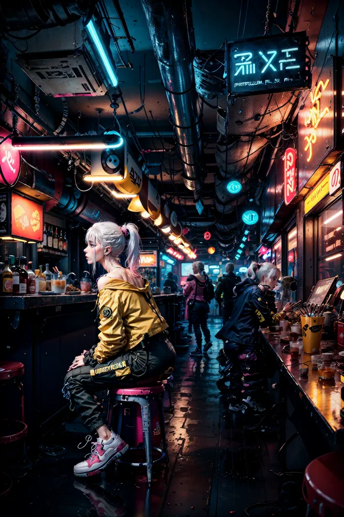 La imagen se desarrolla en un bar oscuro y sórdido. Una mujer con el cabello blanco y una chaqueta amarilla está sentada en un taburete en la barra, bebiendo. Lleva una chaqueta amarilla y pantalones negros. El bar está iluminado por luces de neón y hay gente de pie y sentada alrededor, hablando y bebiendo. También hay algunas personas caminando. La imagen está llena de detalles y el artista ha hecho un gran trabajo creando una escena realista e inmersa.