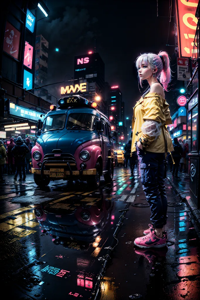 The image is set in a dark and rainy city street. The street is lit by the bright lights of the city's skyscrapers and the headlights of passing cars. The ground is wet and there are puddles of water everywhere. A pink-haired woman is standing in the middle of the street. She is wearing a yellow jacket, blue pants, and pink sneakers. She has a confident expression on her face. There is a bus behind her. There are people walking on the street. The image is full of vibrant colors and sharp contrasts.