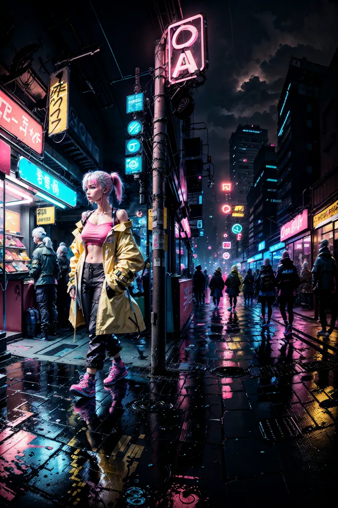 The image is set in a dark and rainy city street. The street is lit by neon lights and the reflections of the city lights on the wet pavement. There are people walking on the street in the background. A young woman is standing in the foreground. She is wearing a yellow jacket, a pink sports bra, and black pants. She has pink hair and blue eyes. She is looking at the camera.