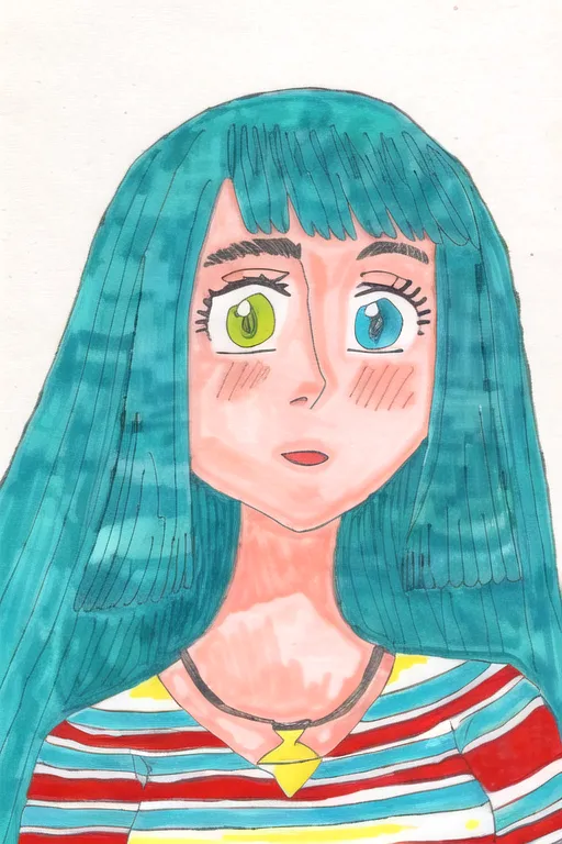 The image is a drawing of a young woman with an anime style. She has bright blue and green eyes, and long blue hair with bangs. She is wearing a striped shirt and a yellow necklace. The background is white. The woman's expression is serious.