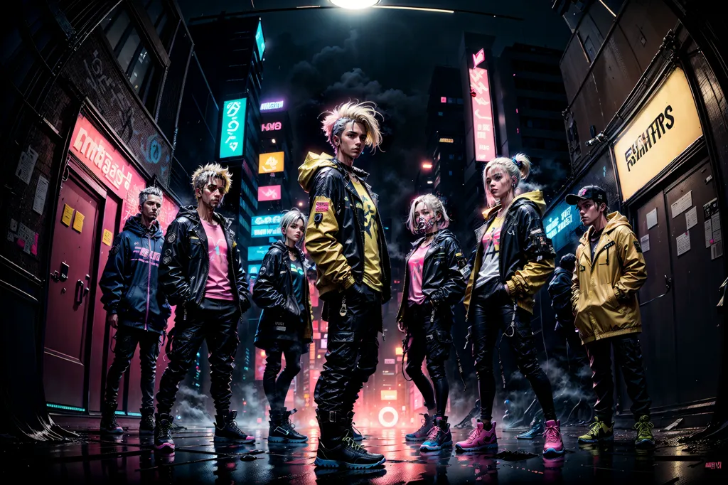 The image shows a group of people standing in a dark alleyway. The people are all wearing futuristic clothing and look like they are ready for a fight. The background of the image is a city at night, with tall buildings and bright lights.