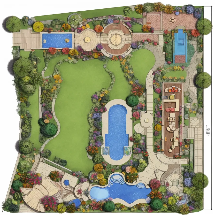 The image shows a detailed plan of a garden. The garden is divided into several sections. There is a large lawn in the center, with a circular flower bed in the middle. The lawn is surrounded by flower beds and trees. 

There is a swimming pool on one side of the garden, with a patio and a barbecue area nearby. On the other side of the garden, there is a pond with a waterfall. 

The garden is also decorated with various sculptures and pieces of art.