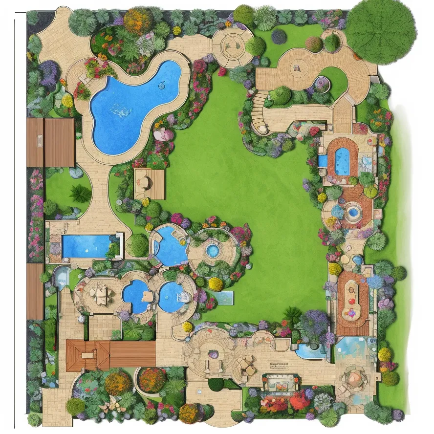 The image shows a detailed plan of a backyard. The backyard is divided into several sections. There is a large pool in the center, with a smaller pool to the right. The pool is surrounded by a deck, with a large patio area to the left. The patio area is connected to the house by a path. There are several planting beds throughout the backyard, with a variety of plants and flowers. There is also a fire pit in the corner of the backyard.