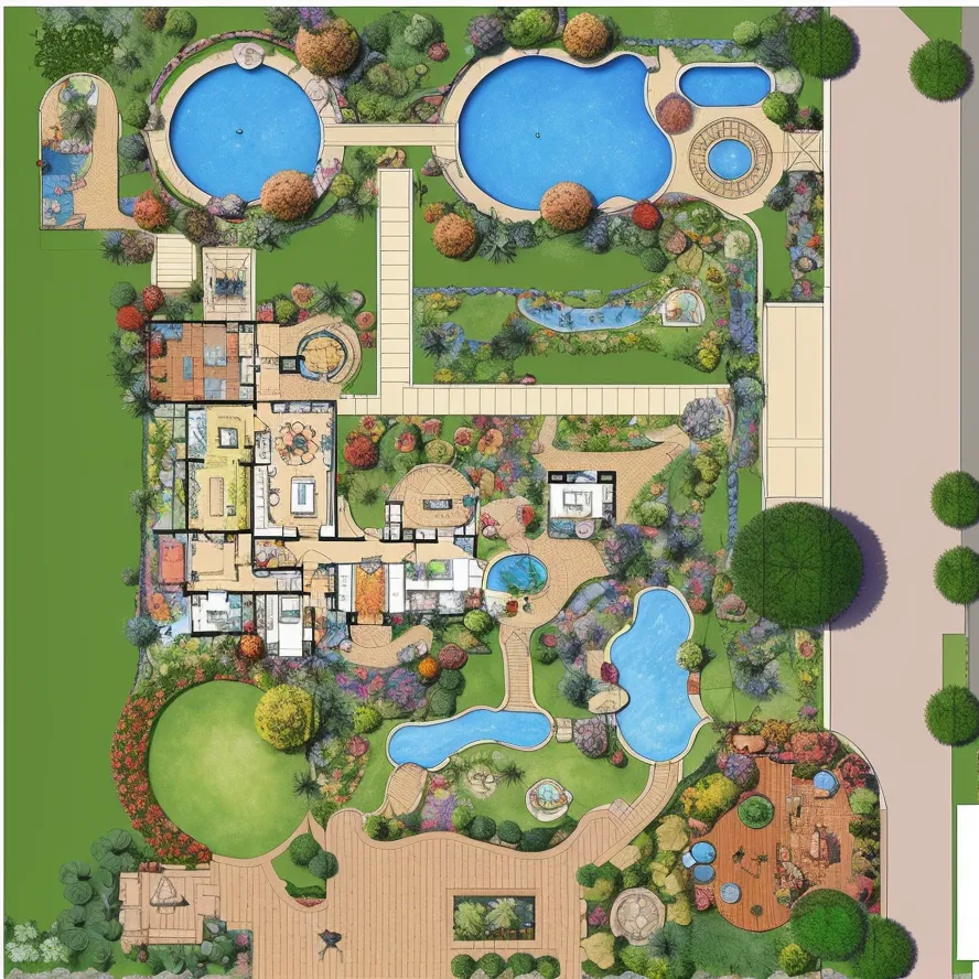 A imagem mostra uma vista superior de uma casa e da propriedade ao seu redor. A casa está no centro da imagem e tem uma grande piscina na parte de trás. A piscina tem uma forma curva e é cercada por um deck. Há também várias árvores e plantas ao redor da piscina.

À esquerda da casa, há um grande gramado. O gramado é cercado por árvores e arbustos, e há um pequeno lago no canto. À direita da casa, há uma varanda com uma mesa e cadeiras. Há também um pequeno jardim com flores e plantas.

A casa é grande e tem muitas janelas. As janelas são cercadas por acabamentos brancos e a casa tem um telhado marrom. A casa também é cercada por árvores e arbustos, e há um pequeno lago na frente.

A imagem é desenhada em um estilo realista e é claro que a pessoa que a desenhou colocou muito pensamento nos detalhes. A imagem também é muito colorida e é claro que a pessoa que a desenhou queria criar uma cena bonita e convidativa.