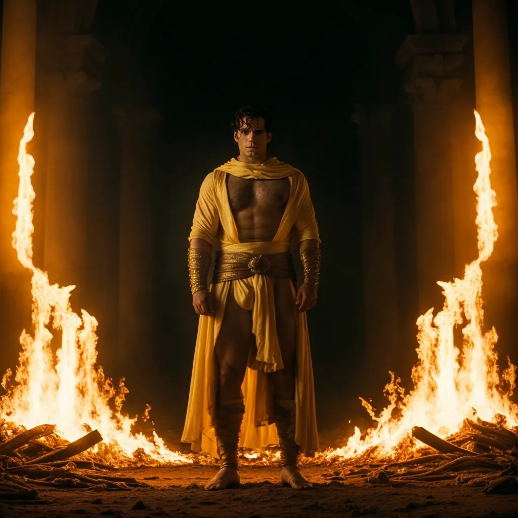 This image shows a man dressed in an ancient Greek costume. He is wearing a yellow tunic and a golden belt. He is also wearing golden bracelets and sandals. He has a muscular build and long dark hair. He is standing in a dark room, with two large flames on either side of him. He has a serious expression on his face.