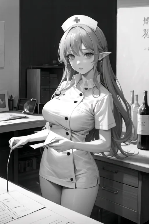 La imagen es una ilustración en blanco y negro de una hermosa chica de anime con cabello largo y ondulado, y orejas puntiagudas. Ella está usando un uniforme de enfermera y está de pie en una habitación de hospital. Está sosteniendo un bolígrafo y un portapapeles, y hay un escritorio con una computadora y algunos papeles detrás de ella. La chica tiene una sonrisa suave en su rostro y parece ser muy amable y cariñosa.