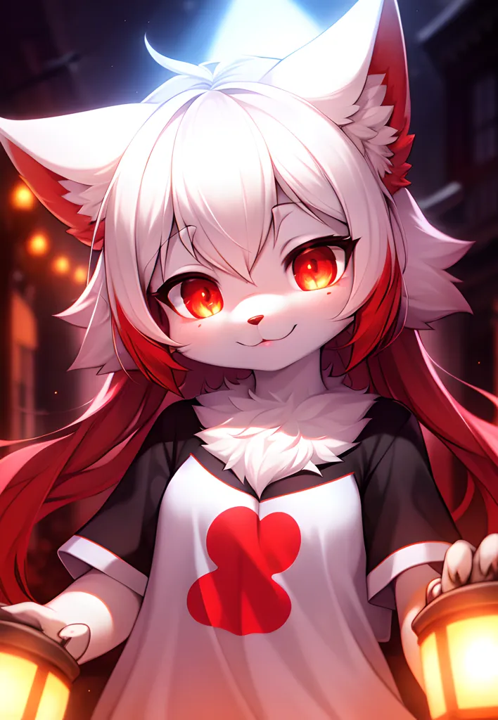 The image is of a young girl with white and red hair. She has red eyes and cat ears. She is wearing a white shirt with a red heart on it. She is holding two lanterns. The background is a blur of red and orange lights. The girl is smiling.