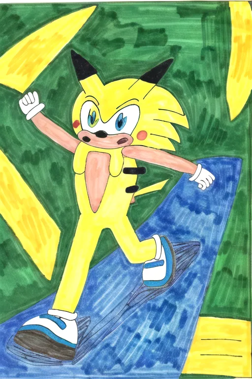 L'image représente un personnage qui est une combinaison de Sonic le Hérisson et de Pikachu. Le personnage est jaune avec des rayures noires sur le dos et un nez noir. Il a les oreilles de Pikachu et le corps de Sonic. Il se tient sur une surface à carreaux bleus et jaunes. L'arrière-plan est vert avec des éclairs jaunes. Le personnage fait face au spectateur et a une expression déterminée sur le visage.