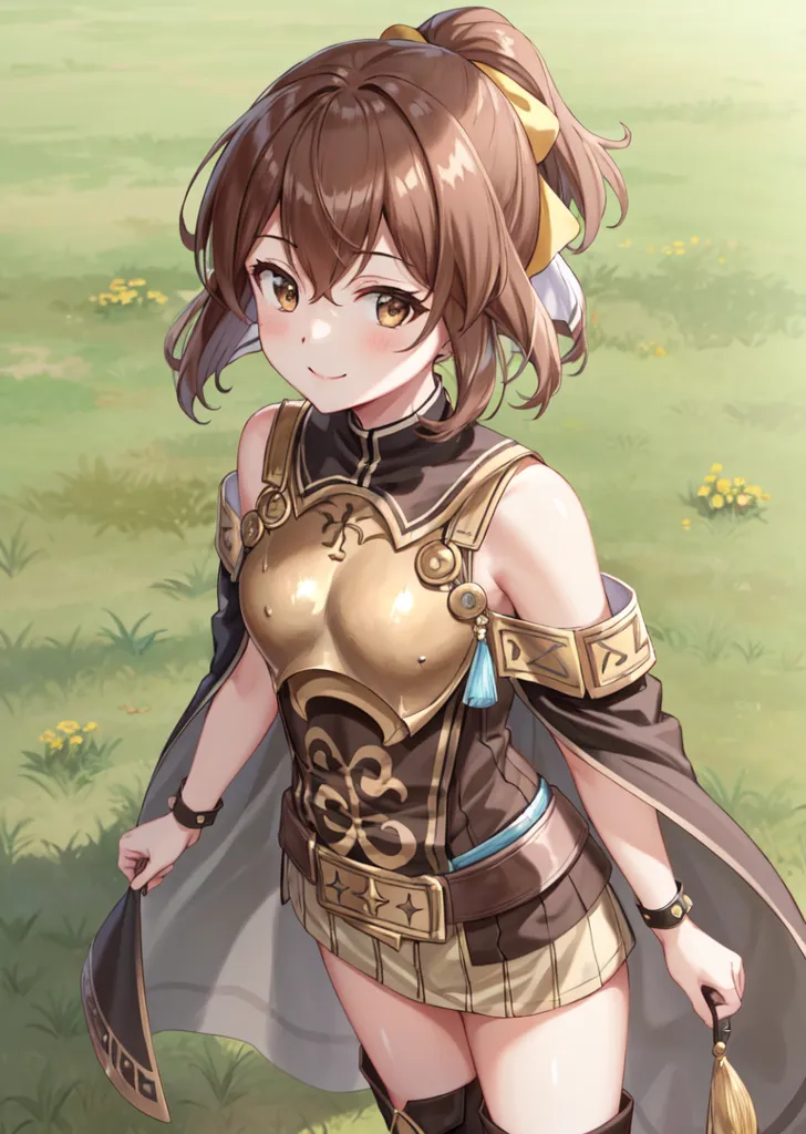 This image shows a young woman standing in a field of grass. She is wearing a brown and gold-colored outfit with a white cape and has a yellow ribbon in her hair. She is smiling and appears to be happy. There are yellow flowers in the grass around her.