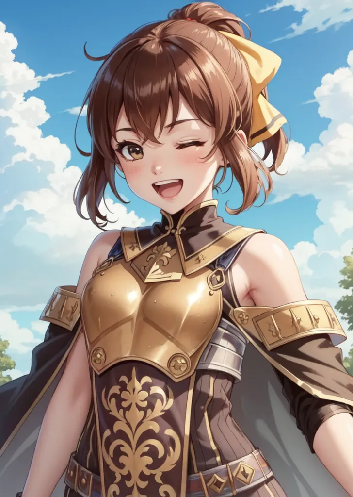 This is an image of a young girl with brown hair and brown eyes. She is wearing a yellow ribbon in her hair and a brown and gold armor. She has a friendly smile on her face and is winking at the viewer. The background is a blue sky with white clouds.