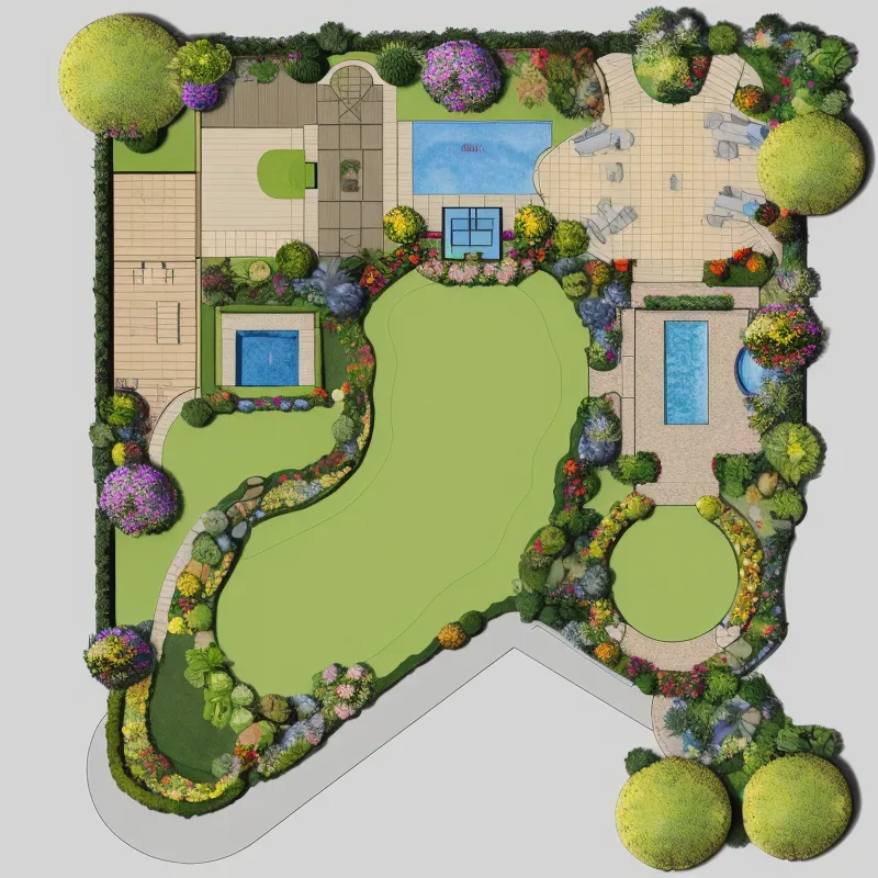 The image shows a detailed plan for a residential landscape design. The plan includes a house, a swimming pool, a spa, and a patio. The house is located in the upper left corner of the plan. It has a rectangular shape and a gabled roof. The swimming pool is located in the center of the plan. It has a rectangular shape and a diving board. The spa is located to the right of the swimming pool. It has a circular shape and a waterfall. The patio is located to the left of the swimming pool. It has a rectangular shape and a pergola. The plan also includes a variety of plants and trees. The plants are located around the perimeter of the property and in the courtyard. The trees are located in the center of the property and along the driveway.