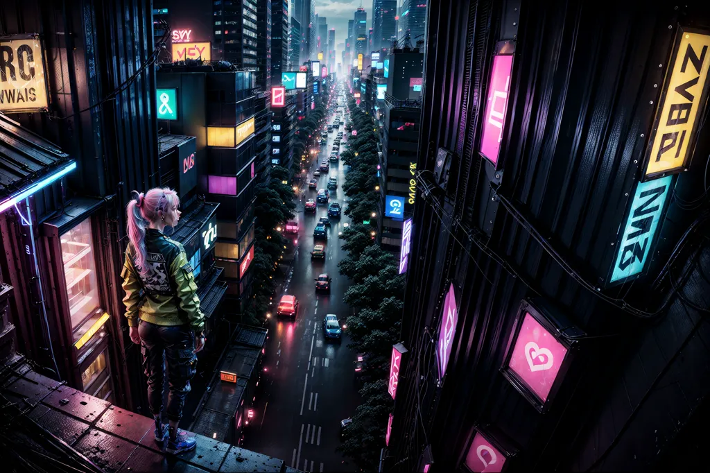 The image is a bird's-eye view of a cyberpunk city. The city is full of tall buildings, neon lights, and flying cars. There is a woman standing on a rooftop in the foreground. She is wearing a yellow jacket and has pink hair. She is looking out over the city. The image is very detailed and captures the feeling of a cyberpunk