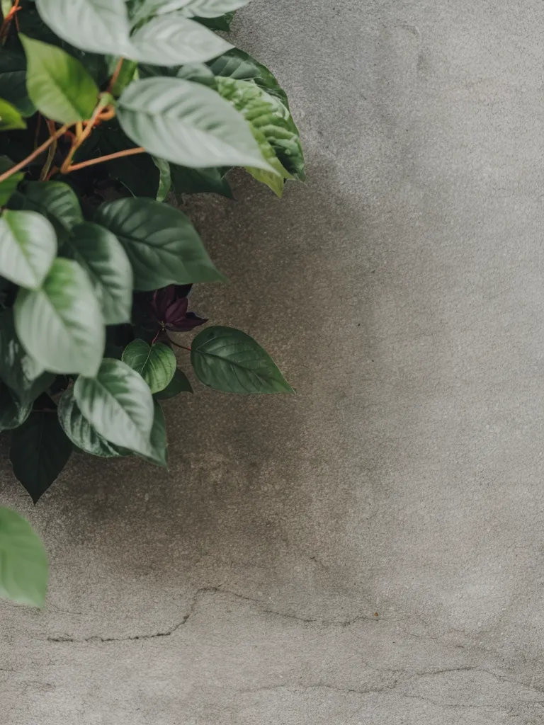 L'image est un gros plan d'une plante poussant sur un mur de pierre gris. La plante a des feuilles vertes avec des nervures rougeâtres-violettes. Les feuilles sont disposées dans un motif alternant sur la tige. Le mur est rugueux et présente une fissure qui le traverse.