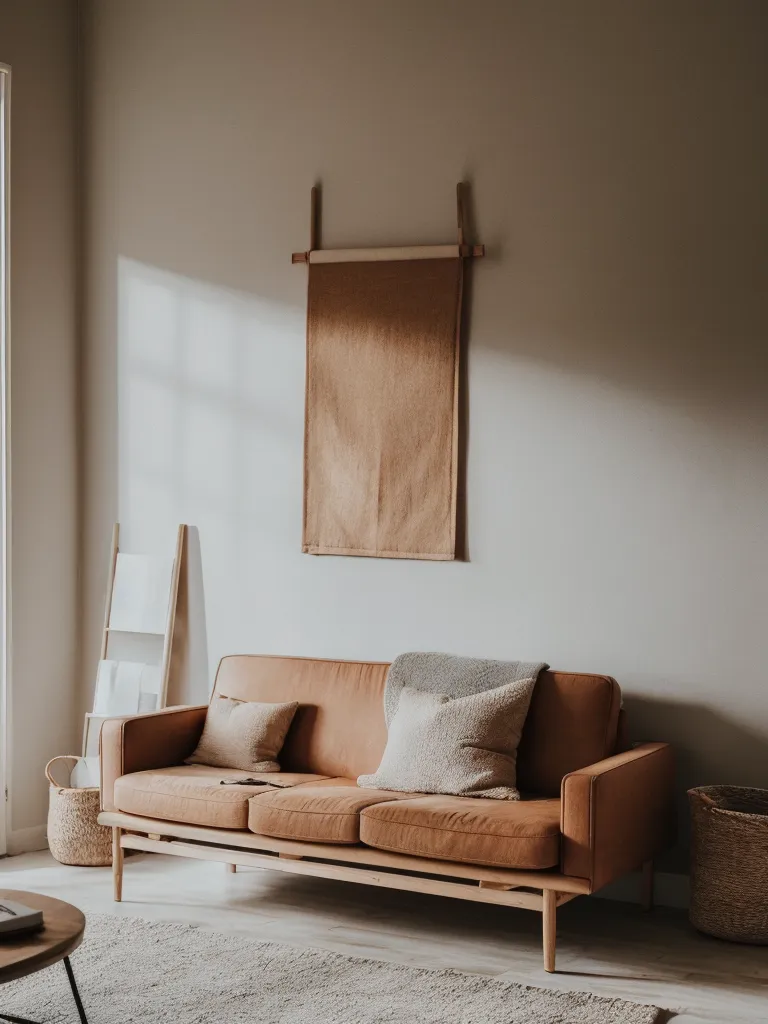 This is a living room with a large brown leather couch, a gray rug with a geometric pattern, and a woven wall hanging in warm colors. There is a small table with a potted plant on it next to the couch. There is a gray ladder leaning against the wall with a picture on it. There are two baskets on the floor. The room is lit by natural sunlight.