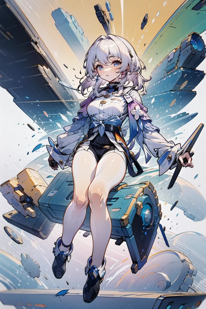 The image is of a young woman with white hair and purple eyes. She is wearing a white and blue outfit and is sitting on a large blue and yellow object. She is surrounded by several floating objects, some of which appear to be weapons. The background is a bright blue and white. The image is likely concept art from a video game.