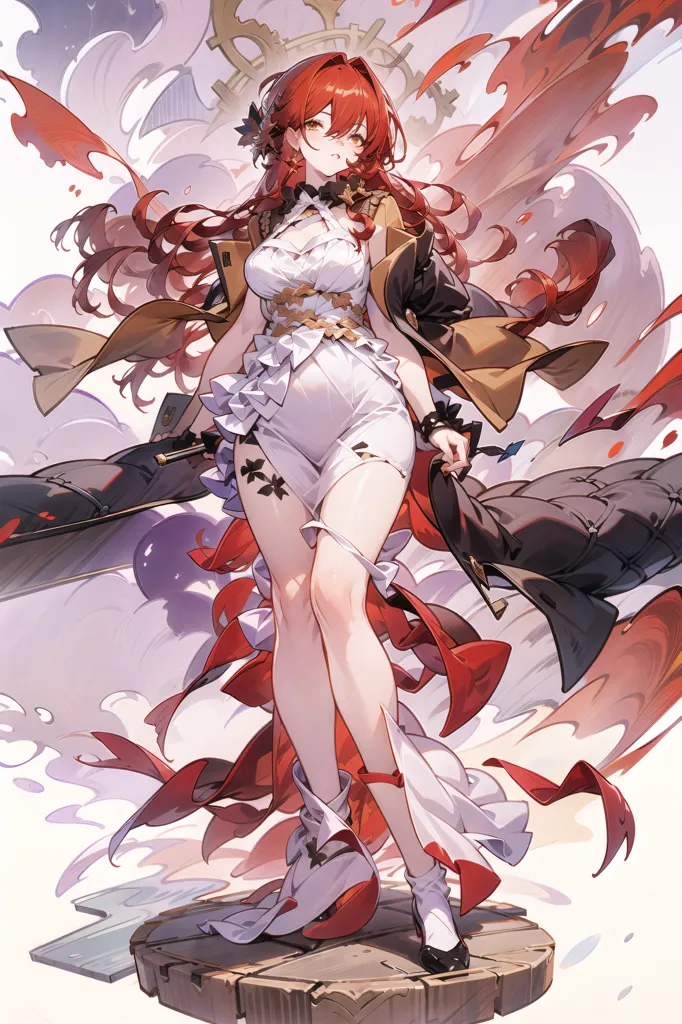 The image is of a woman with long red hair and red eyes. She is wearing a white dress with a thigh-high slit and a long black coat. She is also wearing a pair of black boots with red heels. She is standing on a wooden platform and there are clouds and red splashes in the background.