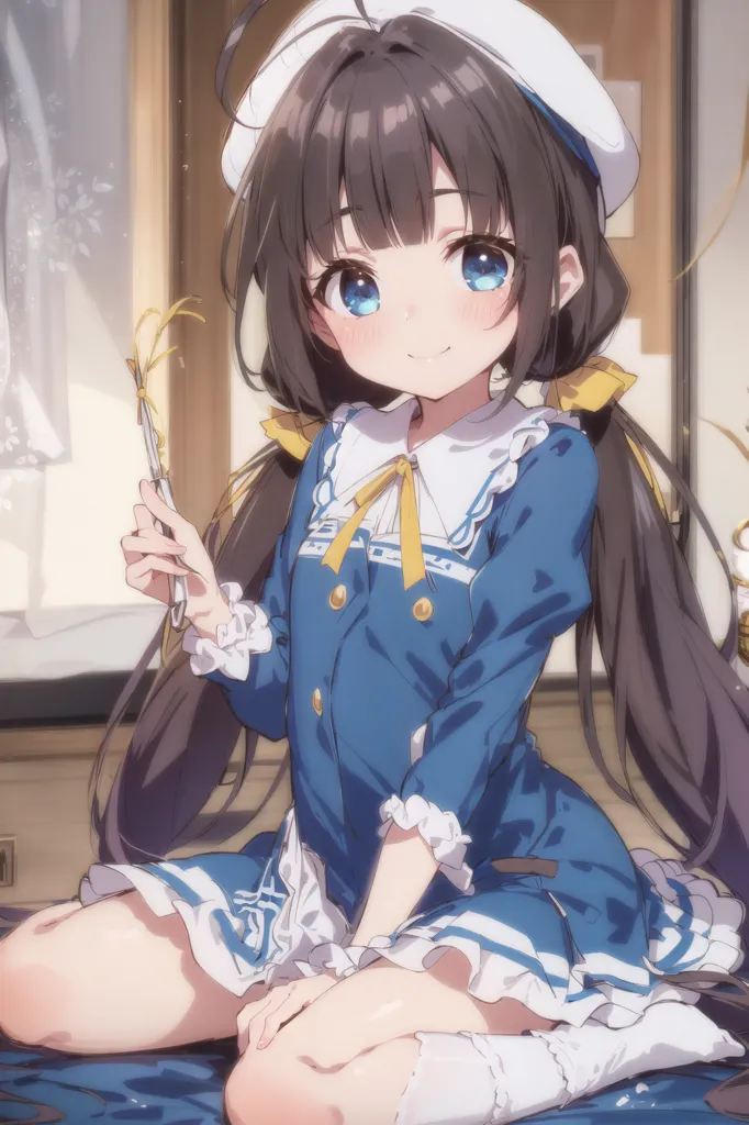 The image shows an anime girl with brown hair and blue eyes. She is wearing a blue dress with a white collar and a yellow bow. She is also wearing a white hat with a blue brim. She is sitting on the floor and holding a pair of scissors. She has a happy expression on her face.