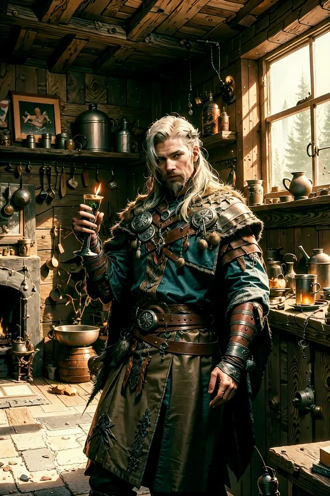 The image is of a man standing in a wooden room. He has long blond hair and a beard, and he is wearing a green tunic and brown leather armor. He is holding a golden goblet in his right hand. The room is decorated with various objects, including a painting, shelves, and a fireplace. There is a window on the right side of the room. The man is looking at the viewer with a serious expression.