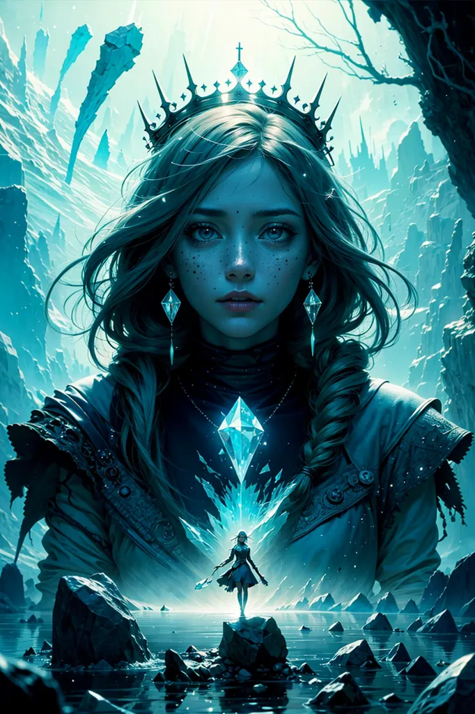 Ceci est une image d'une femme aux longs cheveux blonds et aux yeux bleus. Elle porte une couronne d'argent et une robe bleue avec un manteau blanc. Elle se tient devant un fond bleu avec un grand cristal de glace au centre. Il y a une figure de femme dans le cristal de glace. La femme dans le cristal de glace porte également une robe bleue et a de longs cheveux blonds. Elle tient une épée.