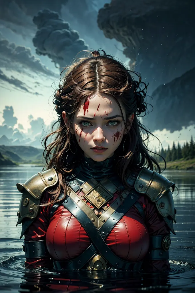 This image shows a woman standing in water. She is wearing red and brown armor and has blood on her face. She is looking at the viewer with a serious expression. The background is a dark lake with mountains in the distance.