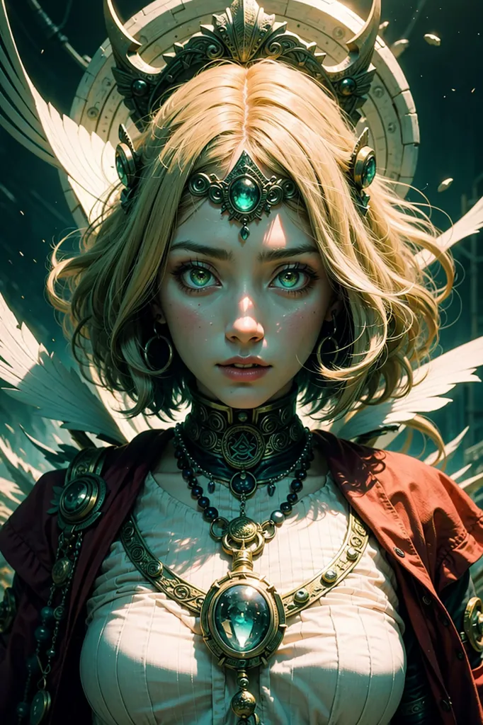 The image shows a beautiful woman with blonde hair and green eyes. She is wearing a golden crown and a white dress with a red cape. She has a serious expression on her face. There are some mechanical wings behind her.