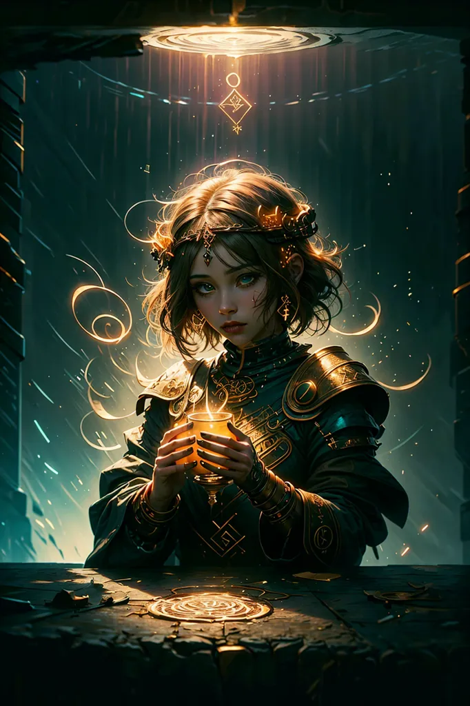 The image is a painting of a woman in a dark room. She is wearing a golden crown and a dark green dress with golden shoulder pads. She is sitting at a table with a golden goblet in her hands. There is a strange symbol on the table. The background is dark with a bright light shining down on the woman.