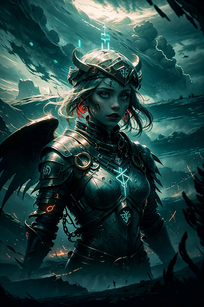 This is an image of a woman standing in front of a dark background. She is wearing a suit of black armor and has a sword in her hand. She has long white hair and blue eyes. Her face is sad and determined. There are ruins in the background and a dark stormy sky.