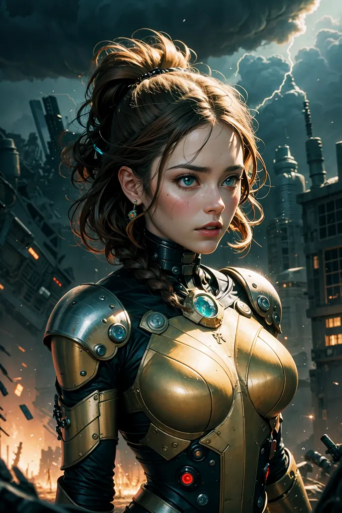 This is an image of a beautiful young woman with long brown hair and blue eyes. She is wearing a golden and black armor with a high collar and a blue gem in the center. She is standing in a dark and destroyed city with a stormy sky in the background. She is looking to the right of the frame with a serious expression on her face.