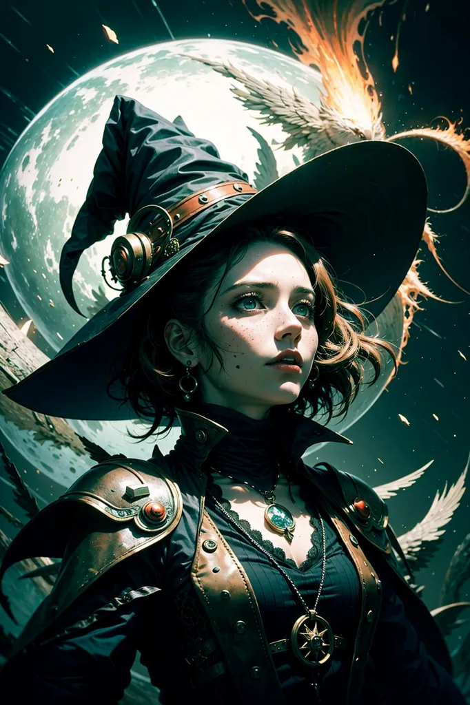 This is an image of a young woman dressed as a witch. She is wearing a black hat with a wide brim and a tall pointed crown. The hat is decorated with a copper buckle. She is also wearing a black dress with a white collar. The dress is trimmed with copper. She has a copper necklace with a large green gem in the center. She is also wearing copper earrings. She has long brown hair and green eyes. She is standing in front of a full moon. There are bats flying around her.