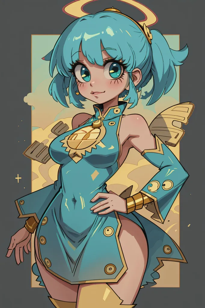 This is an image of a young woman with blue hair and blue eyes. She is wearing a blue dress with gold accents and has a halo above her head. She is also wearing a pair of goggles. She has a confident expression on her face and is standing with her hands on her hips.