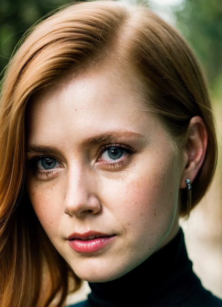 The image shows a headshot of Amy Adams, a famous American actress. She has light brown hair with her right side swept behind her ear. Her skin is fair with a few freckles on her face. Her eyes are blue with long, dark eyelashes. Her lips are slightly parted and she is wearing a dark green turtleneck sweater. She is looking at the camera with a serious expression.