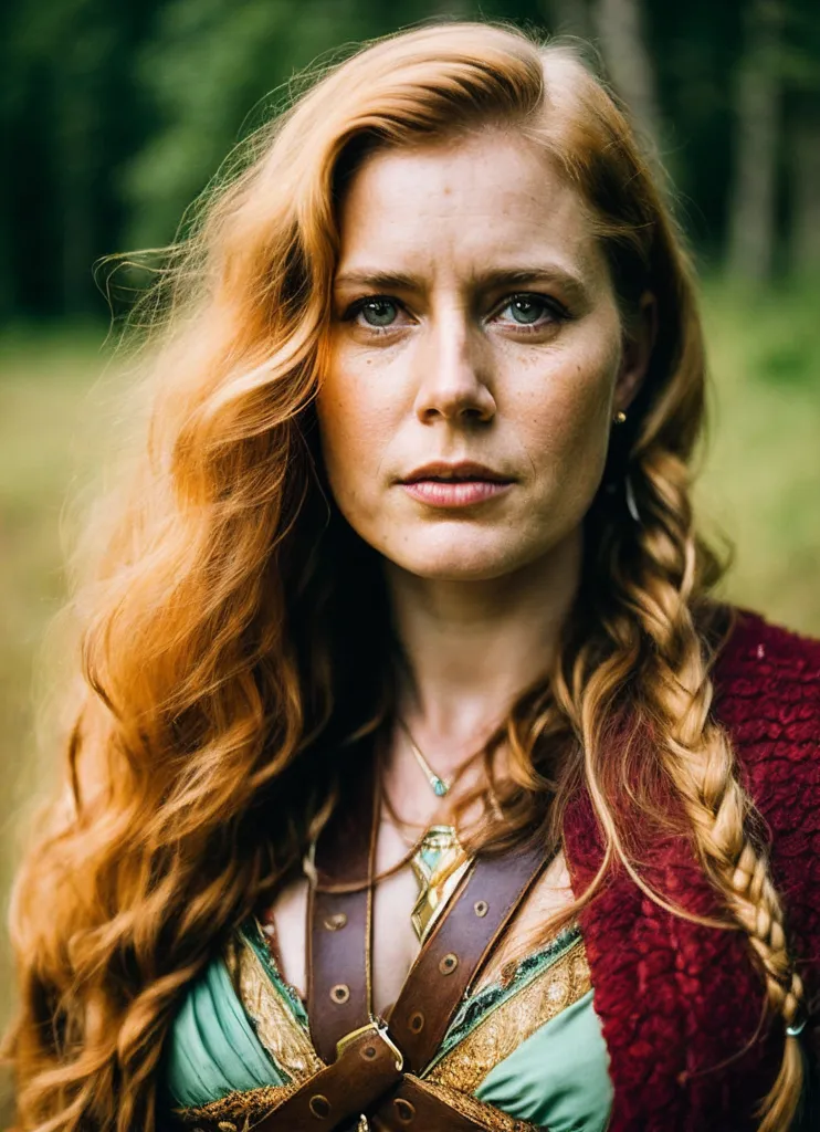 The image shows a beautiful woman with long, wavy red hair and green eyes. She is wearing a green dress with a brown leather belt and a red cloak. She is also wearing a necklace with a pendant. The woman is standing in a forest and looking at the camera with a serious expression.