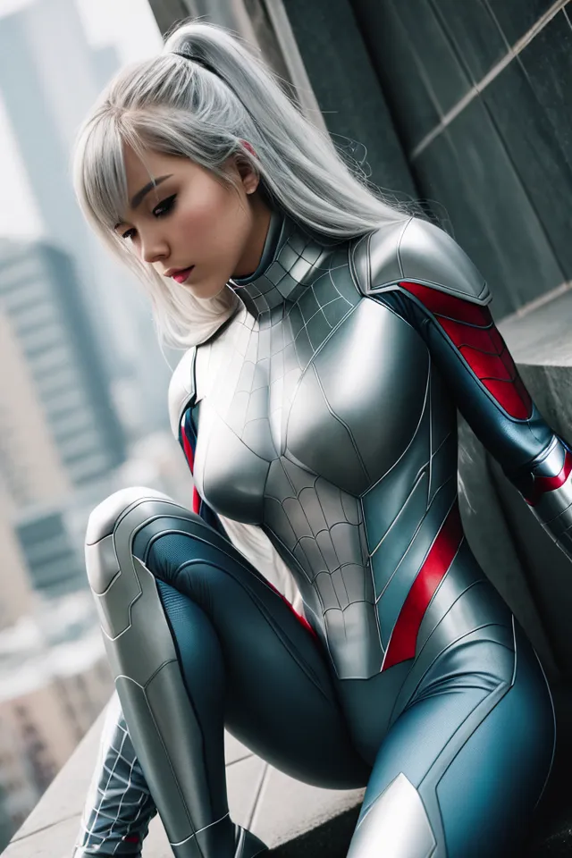 The image shows a young woman dressed in a silver and red Spider-Man costume. She is crouching on a rooftop, looking down at the city below. Her expression is one of determination and focus. She has long silver hair that is pulled back in a ponytail. The suit has a web pattern on the chest and red accents on the arms and legs. She is also wearing a pair of black boots. The background of the image is a cityscape with tall buildings and a clear blue sky.