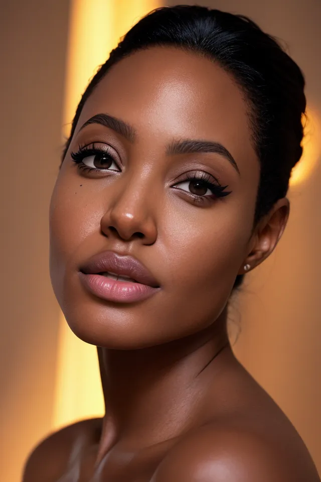 The image is a portrait of a young woman with dark skin. She has a smooth complexion and her hair is styled in a bun. Her eyes are dark brown and her lips are glossy pink. She is wearing a black eyeliner and her eyebrows are well-groomed. The background is a warm, light brown color and the light is shining on her face from the right side.