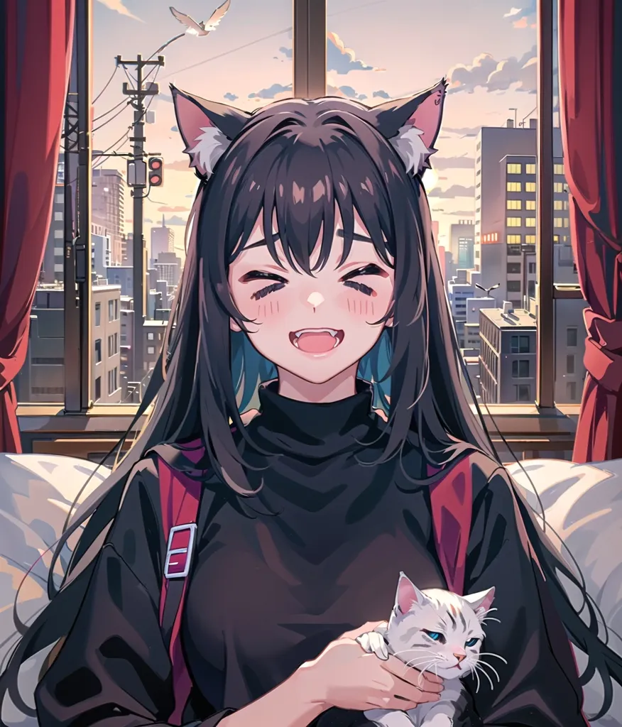 The image is of a young woman with cat ears sitting in a room with a large window. She is smiling and has her hand on a white cat. The room is decorated with red curtains and there is a cityscape outside the window.