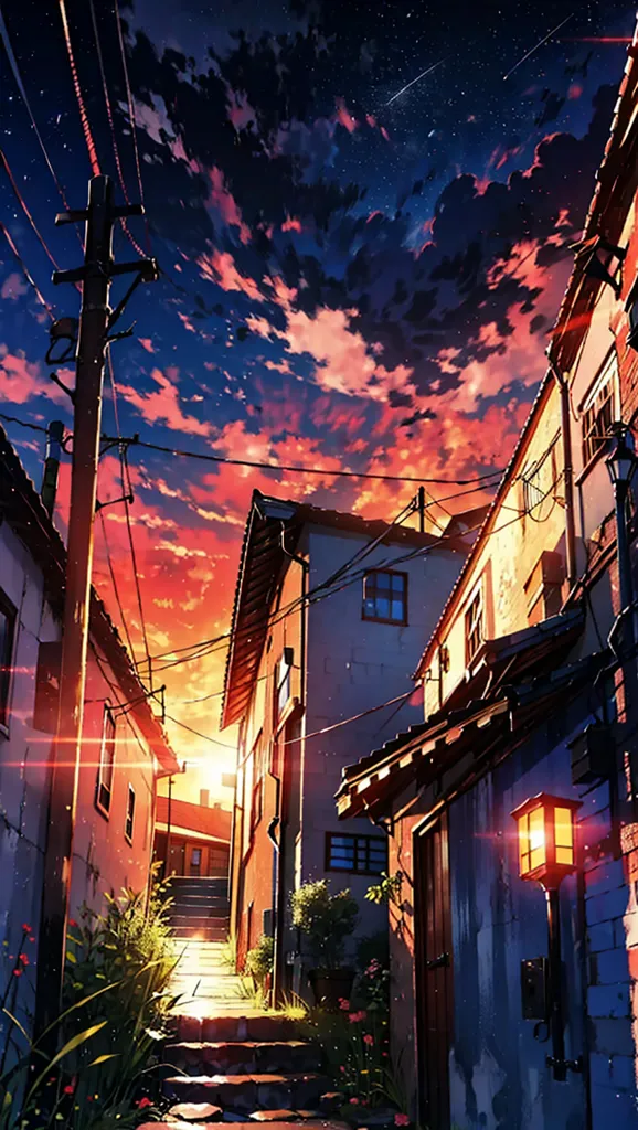 The image is an anime-style street scene. The sky is a gradient of orange and purple, with some stars and a shooting star. The street is lined with traditional Japanese houses. The houses are mostly white or gray, with some having wooden accents. The street is lit by a few streetlights. There are some plants and flowers growing along the street. The street is empty, except for a cat sitting on a windowsill.